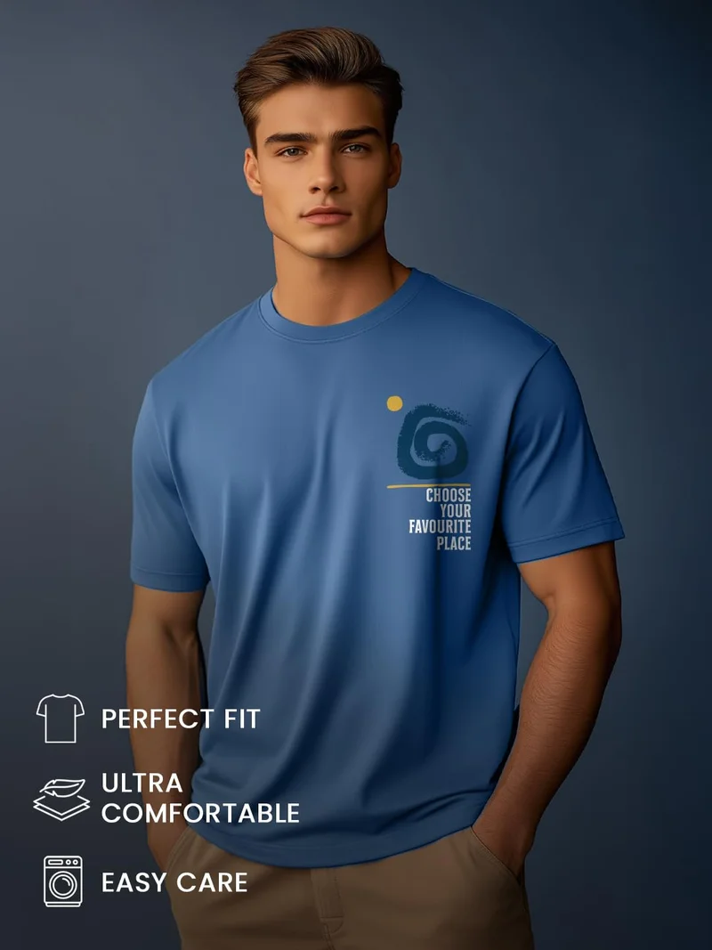 NOBERO Men's Blue Cotton Graphic T-Shirt